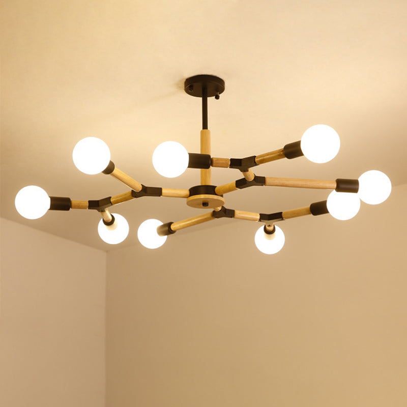 Modern Wooden Molecular Chandelier with Bare Bulbs - 3/6/9 Lights - Black/White Ceiling Hang Lamp