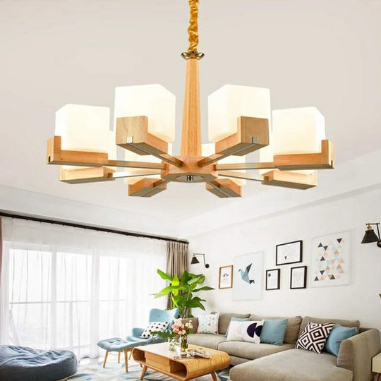 Modern Wood Cube Chandelier with Multiple Bulbs for Bedroom