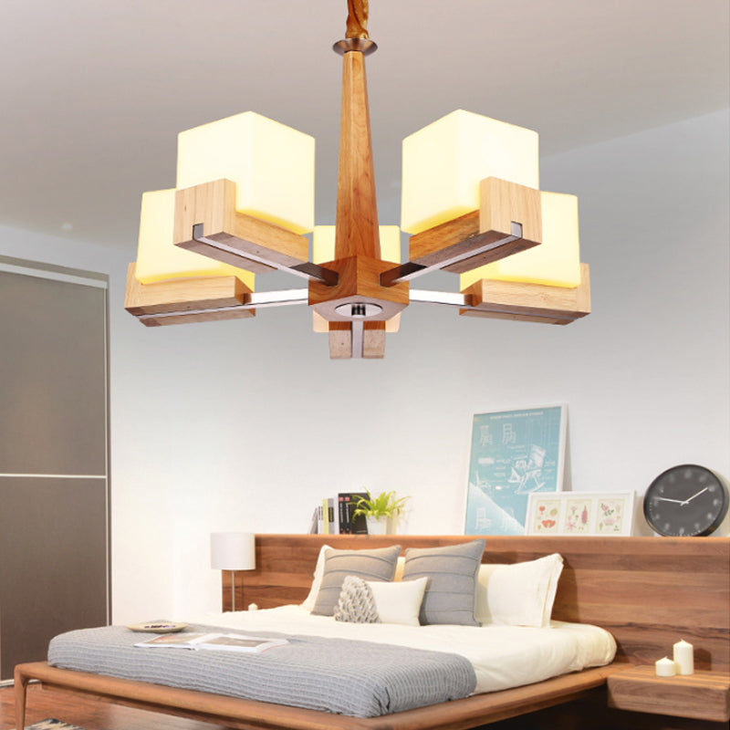 Modern Wood Cube Chandelier with Multiple Bulbs for Bedroom