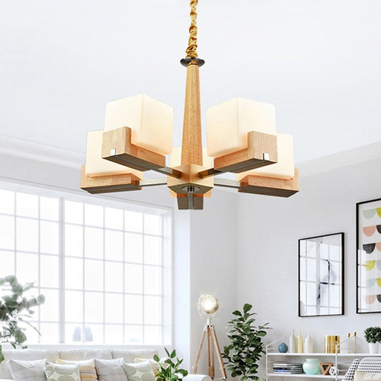 Contemporary Wood Cube Acrylic Chandelier - Radial Hanging Light Fixture (3/5/8 Bulbs) For Bedroom