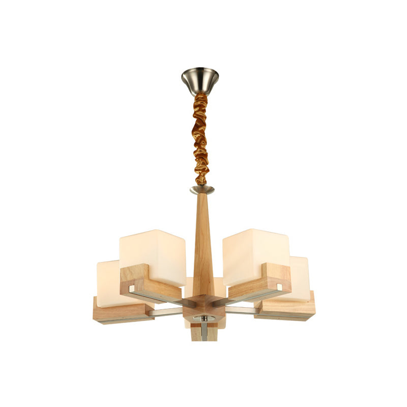 Modern Wood Cube Chandelier with Multiple Bulbs for Bedroom