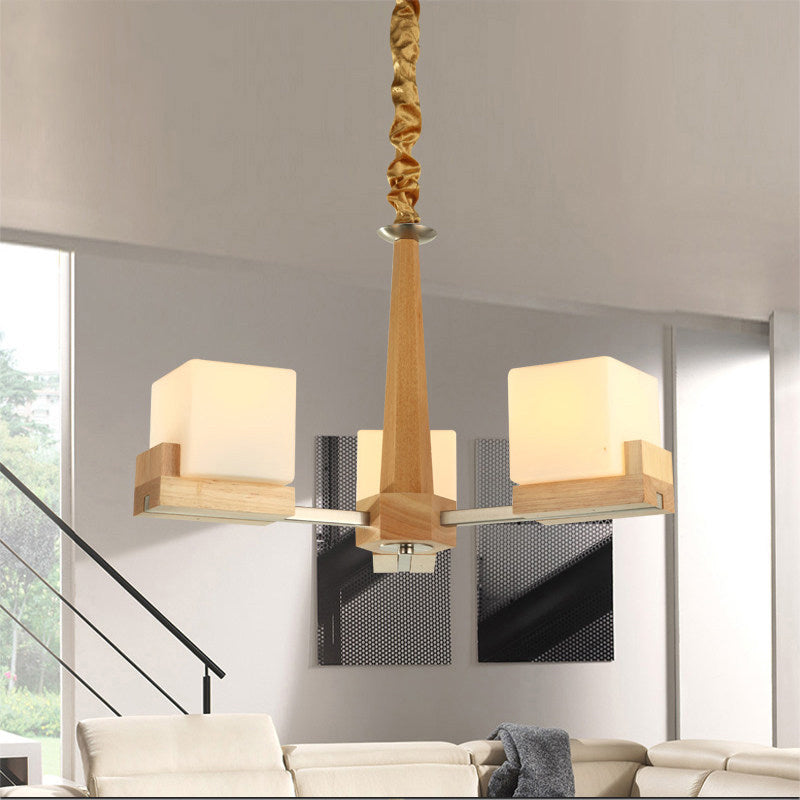 Modern Wood Cube Chandelier with Multiple Bulbs for Bedroom