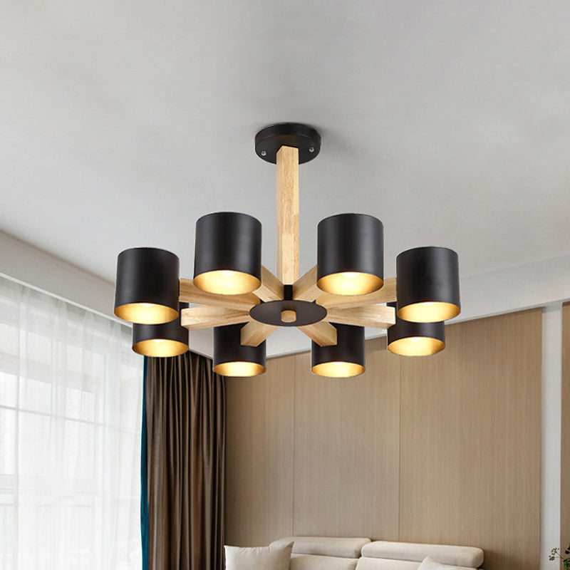 Nordic Cylindrical Ceiling Chandelier: Modern Metallic Suspension Light for Living Room in Black/White and Wood, available in 3/6/8-Light Options