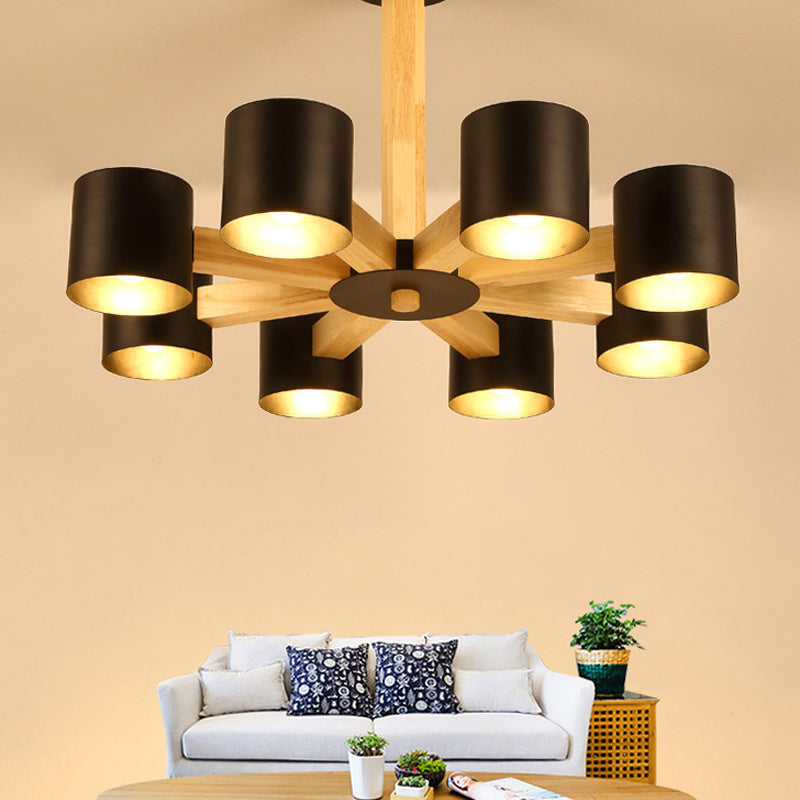 Nordic Cylindrical Ceiling Chandelier: Modern Metallic Suspension Light for Living Room in Black/White and Wood, available in 3/6/8-Light Options