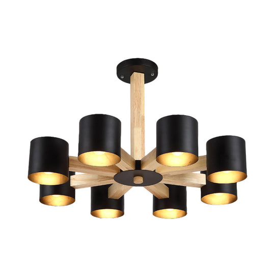 Nordic Cylindrical Ceiling Chandelier: Modern Metallic Suspension Light for Living Room in Black/White and Wood, available in 3/6/8-Light Options