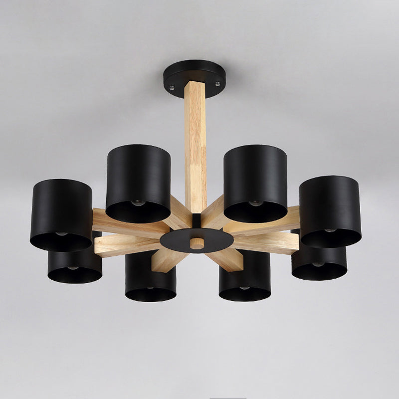 Nordic Cylindrical Ceiling Chandelier: Modern Metallic Suspension Light for Living Room in Black/White and Wood, available in 3/6/8-Light Options