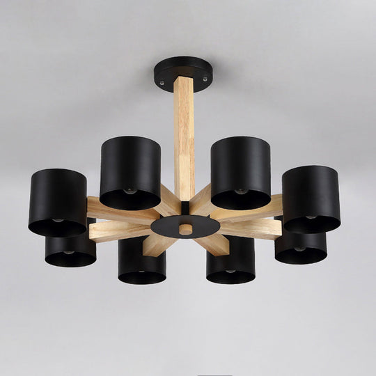 Nordic Cylindrical Ceiling Chandelier: Modern Metallic Suspension Light for Living Room in Black/White and Wood, available in 3/6/8-Light Options