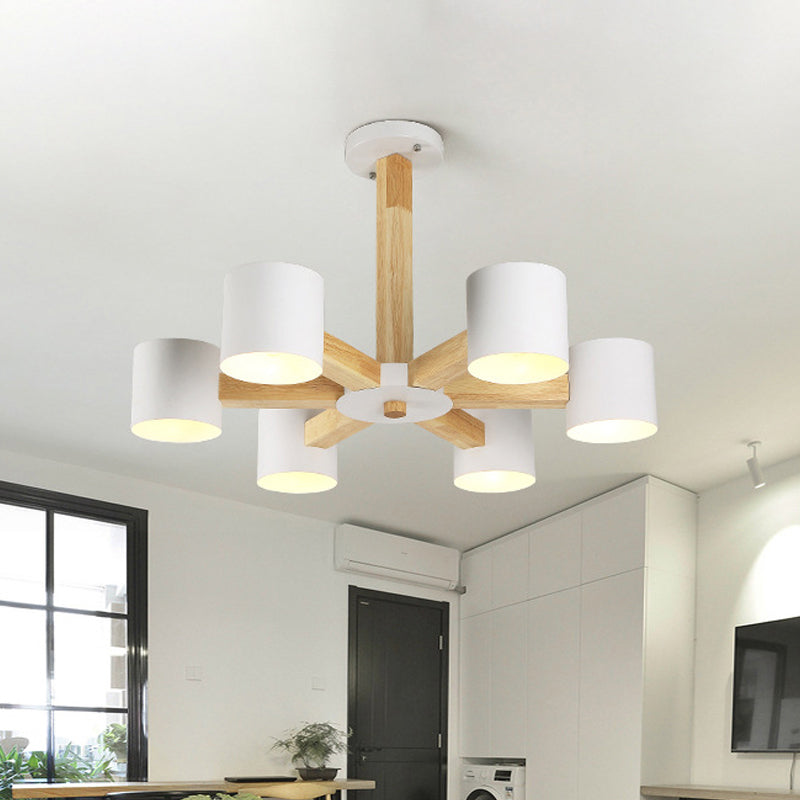 Nordic Cylindrical Ceiling Chandelier: Modern Metallic Suspension Light for Living Room in Black/White and Wood, available in 3/6/8-Light Options