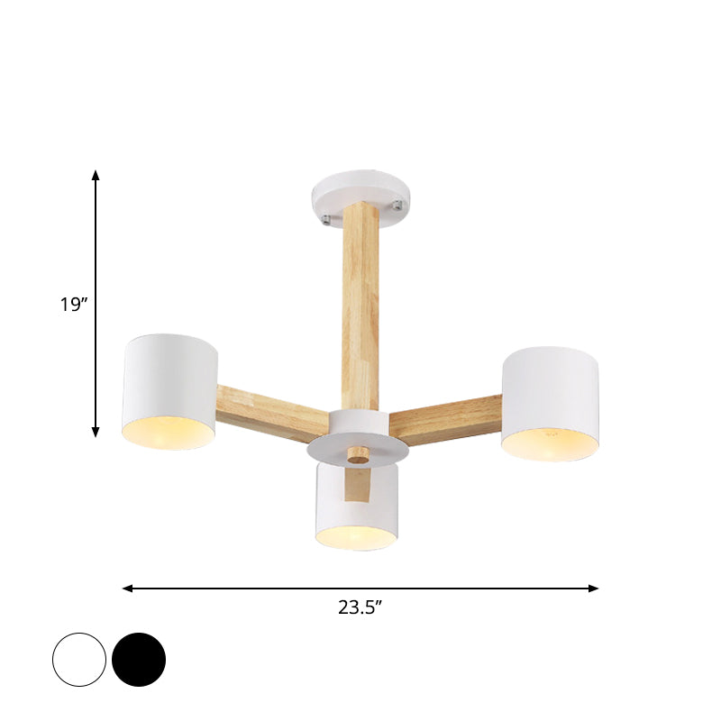 Nordic Cylindrical Ceiling Chandelier: Modern Metallic Suspension Light for Living Room in Black/White and Wood, available in 3/6/8-Light Options