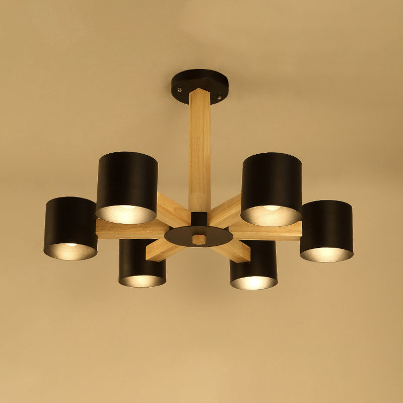 Nordic Cylindrical Ceiling Chandelier: Modern Metallic Suspension Light for Living Room in Black/White and Wood, available in 3/6/8-Light Options