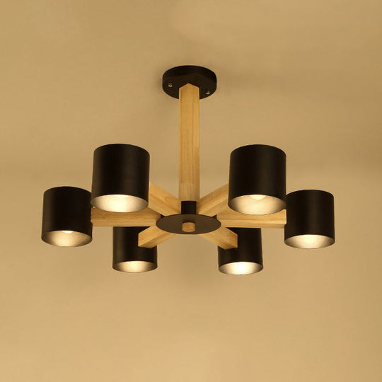 Nordic Cylindrical Ceiling Chandelier: Modern Metallic Suspension Light for Living Room in Black/White and Wood, available in 3/6/8-Light Options