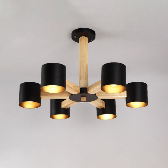 Nordic Cylindrical Ceiling Chandelier: Modern Metallic Suspension Light for Living Room in Black/White and Wood, available in 3/6/8-Light Options