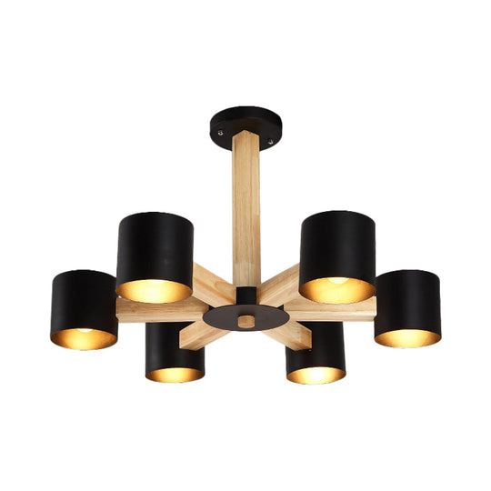 Nordic Cylindrical Ceiling Chandelier: Modern Metallic Suspension Light for Living Room in Black/White and Wood, available in 3/6/8-Light Options