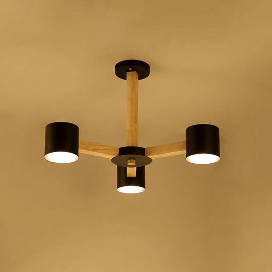 Nordic Cylindrical Ceiling Chandelier: Modern Metallic Suspension Light for Living Room in Black/White and Wood, available in 3/6/8-Light Options