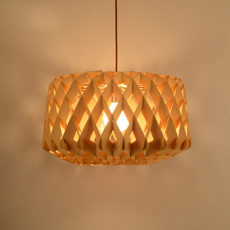 Contemporary Cross-Weave Wood Drum Pendant - 1 Head Beige Suspended Lamp Fixture