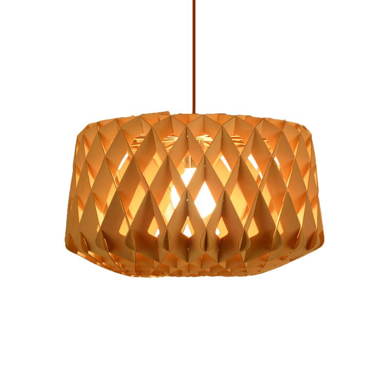 Contemporary Cross-Weave Wood Drum Pendant - 1 Head Beige Suspended Lamp Fixture