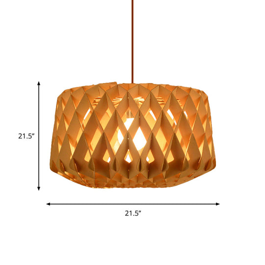 Contemporary Cross-Weave Wood Drum Pendant - 1 Head Beige Suspended Lamp Fixture