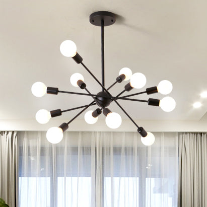 Bare Bulb Ceiling Chandelier - Vintage Metal Suspension Pendant Light In Black