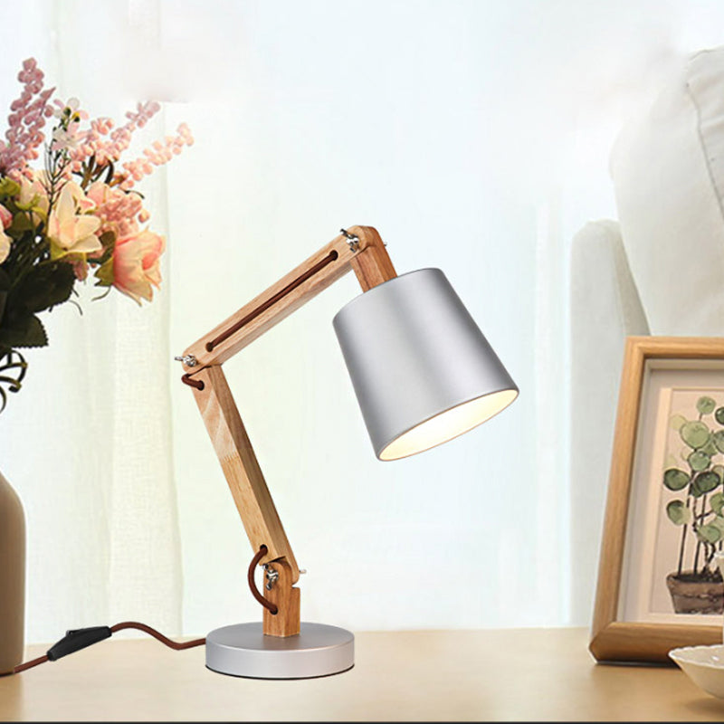 Modern Silver Metal Reading Lamp With Wood Swing Arm 1-Light Desk Light