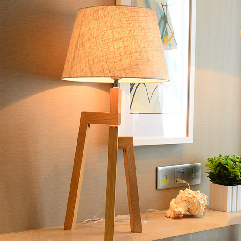 Contemporary Wooden Table Lamp With Beige Empire Shade - Tri-Leg Design & 1 Bulb