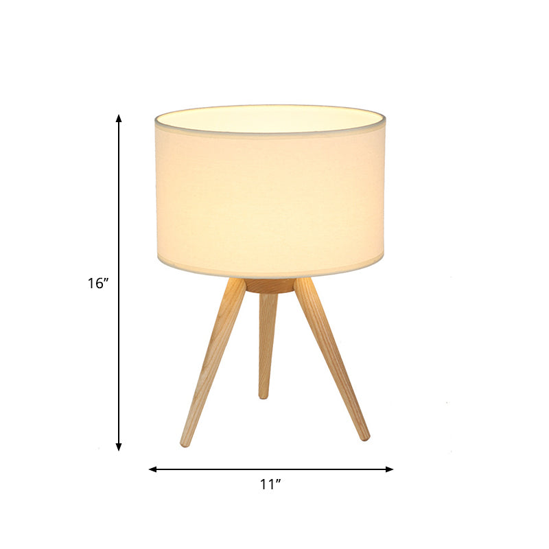 Minimalist Tripod Night Lamp With Drum Shade And Wood Base - Perfect For Single Bedrooms