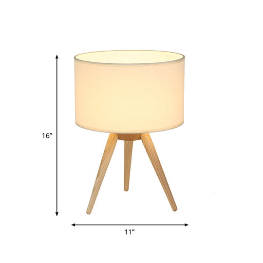 Minimalist Tripod Night Lamp With Drum Shade And Wood Base - Perfect For Single Bedrooms