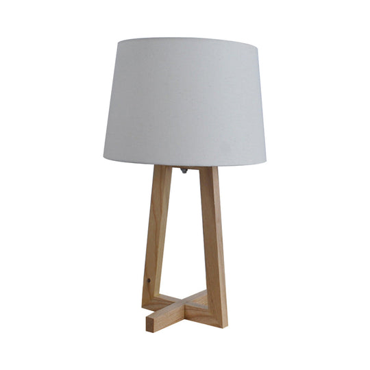 Minimalist Fabric Drum Night Table Light For Kids Room - 1-Head Wood 2-Legged Nightstand Lamp