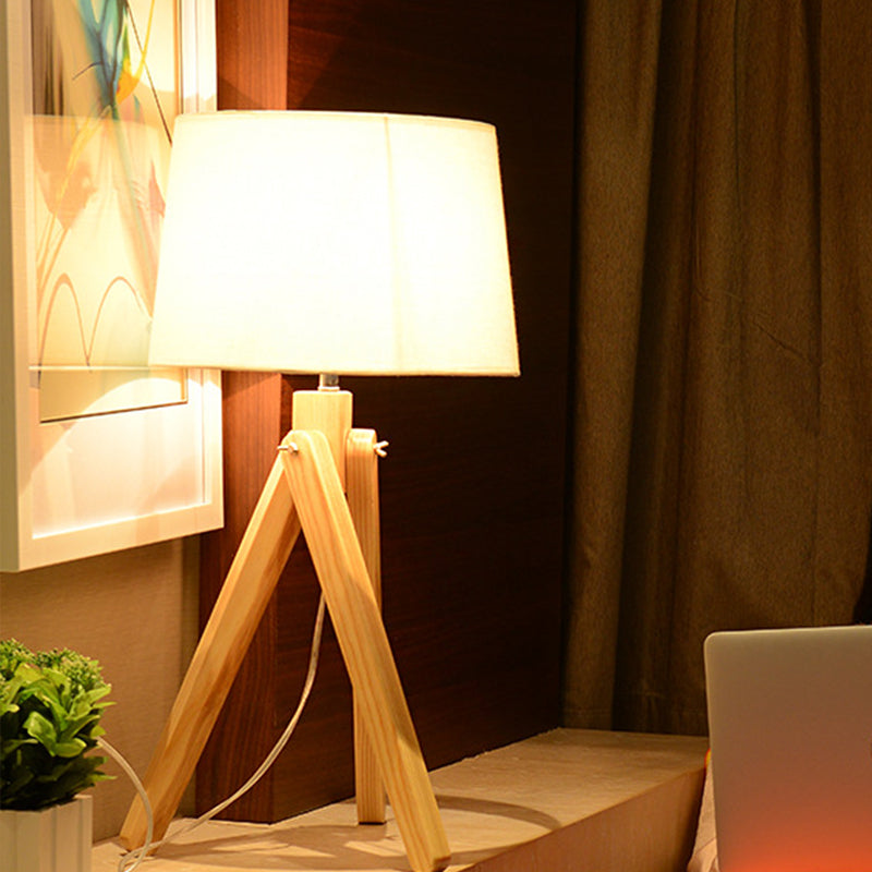 Nordic Style White Tapered Shade Night Lamp With Wood Telescope Stand