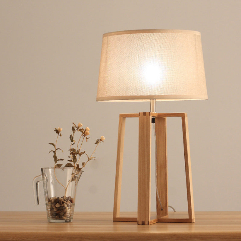 Tapered Drum Table Lamp: Contemporary Fabric Shade Wood Night Light With Trapezoid Base