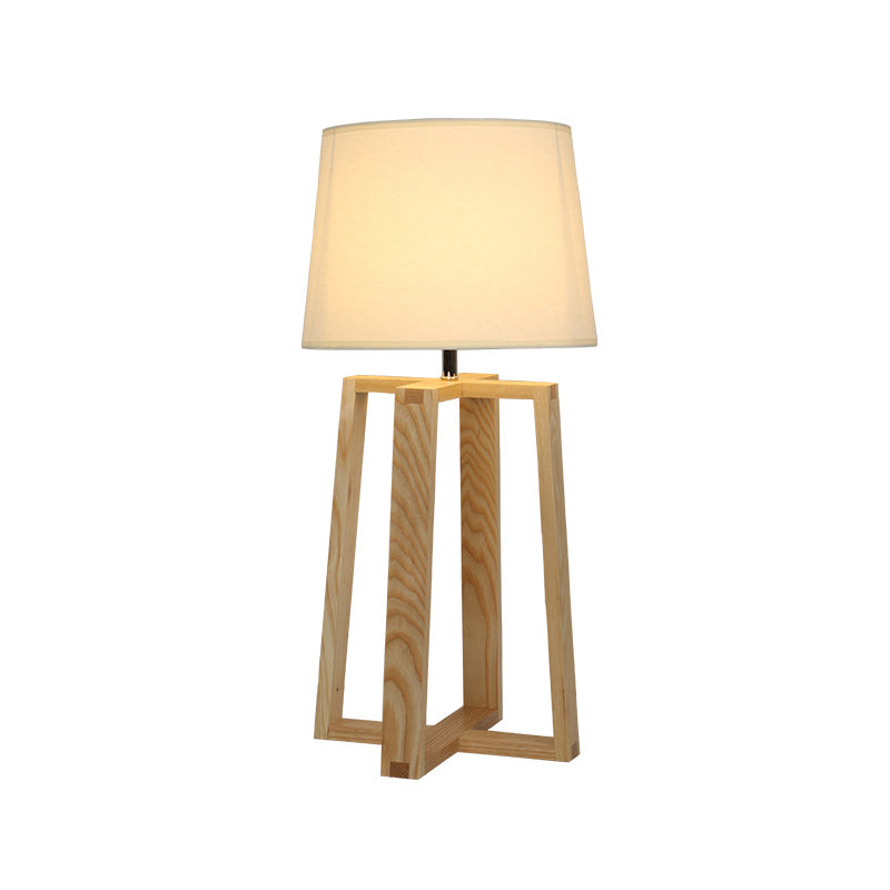 Modern Beige Trapezoid Nightstand Lamp With Wood Base And Tapered Fabric Shade