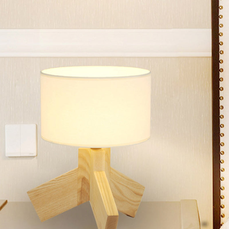 Nordic Wood Drum Table Lamp: Single Bulb 3-Leg Nightstand Light For Bedroom