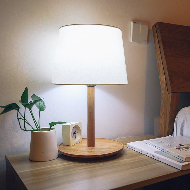 Minimalist Tapered Shade Nightstand Light In Wood - 1-Light Table Lighting For Bedroom