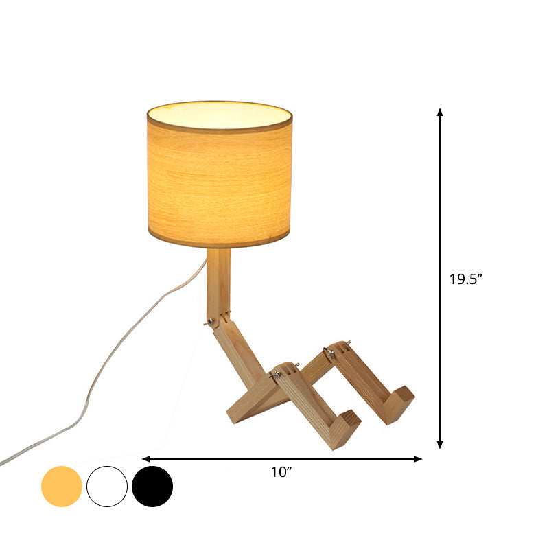 Modern Wood Man-Shaped Table Lamp With Book Rack And Cylinder Fabric Shade - Single