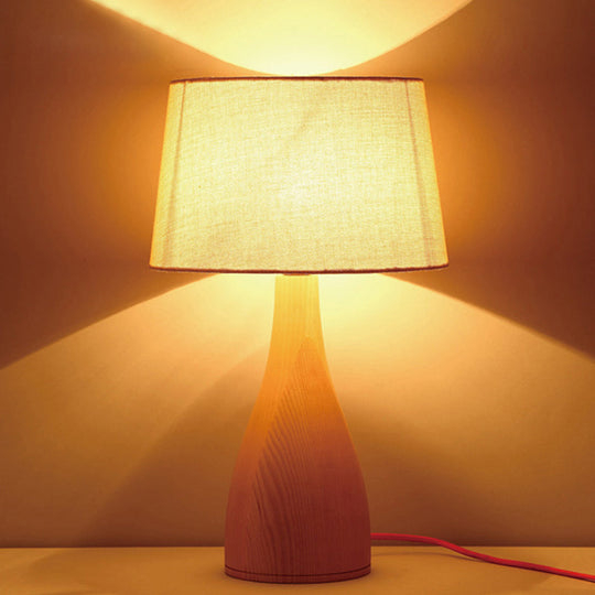 Minimalistic Tapered Drum Night Light With Wood Vase Pedestal - Ideal Bedside Table Lighting