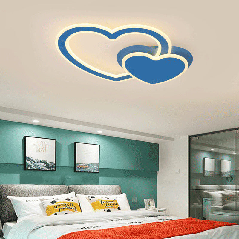 Double Loving-Heart Kids Led Flush Ceiling Light - Vibrant Undertint Ideal For Bedroom Blue