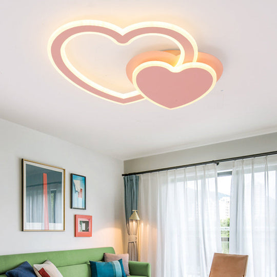 Double Loving-Heart Kids LED Flush Ceiling Light - Vibrant Undertint, Ideal for Kid's Bedroom