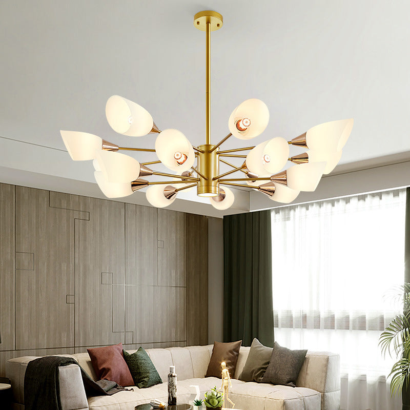 Postmodern Black/Gold Chandelier with Tulip White Glass Shade - 6/10/16 Bulbs for Living Room Ceiling Pendant