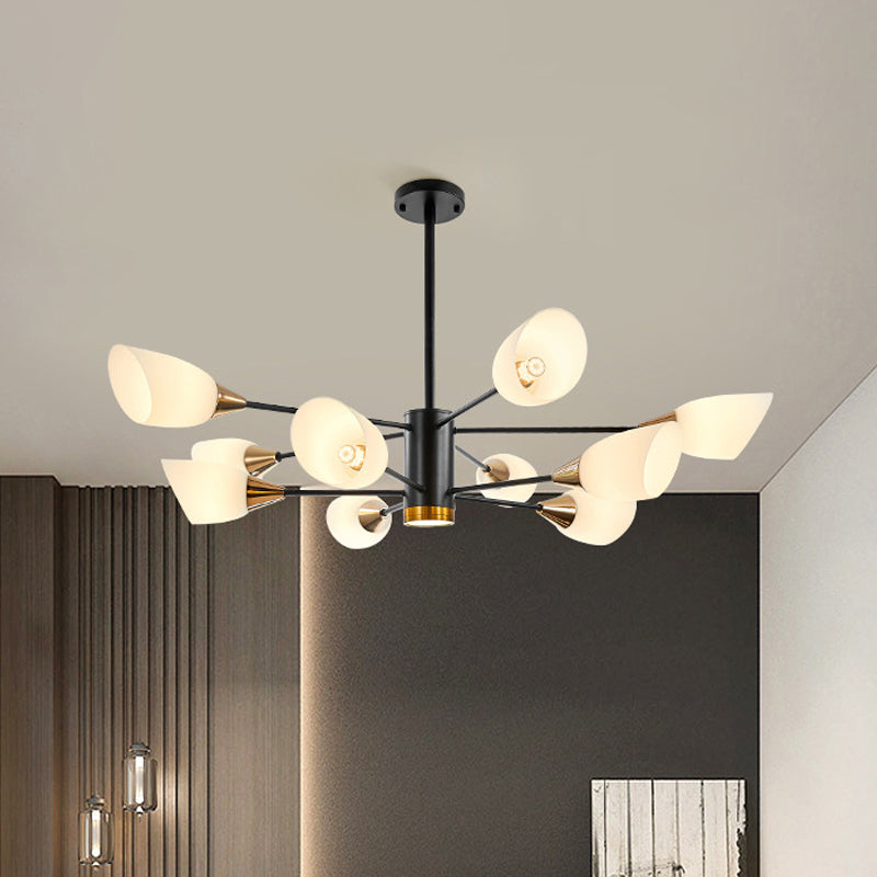 Postmodern Black/Gold Chandelier with Tulip White Glass Shade - 6/10/16 Bulbs for Living Room Ceiling Pendant