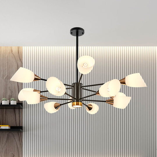 Postmodern Black/Gold Chandelier with Tulip White Glass Shade - 6/10/16 Bulbs for Living Room Ceiling Pendant