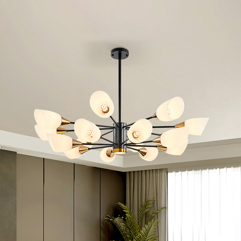 Postmodern Black/Gold Chandelier with Tulip White Glass Shade - 6/10/16 Bulbs for Living Room Ceiling Pendant