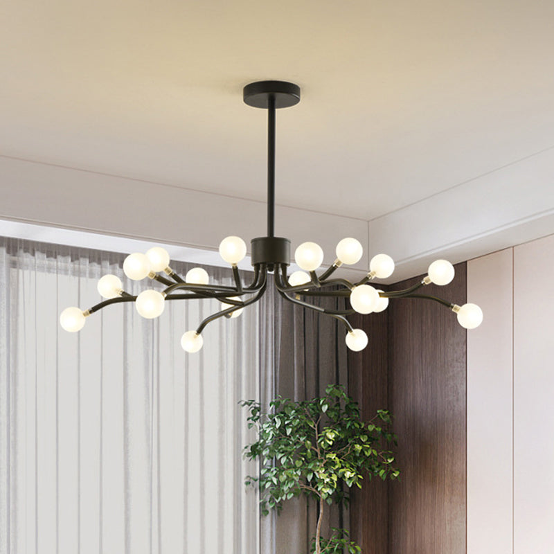 Postmodern Dining Room Chandelier Lamp: Frosted White Ball Glass 18 Heads Black/Gold Finish