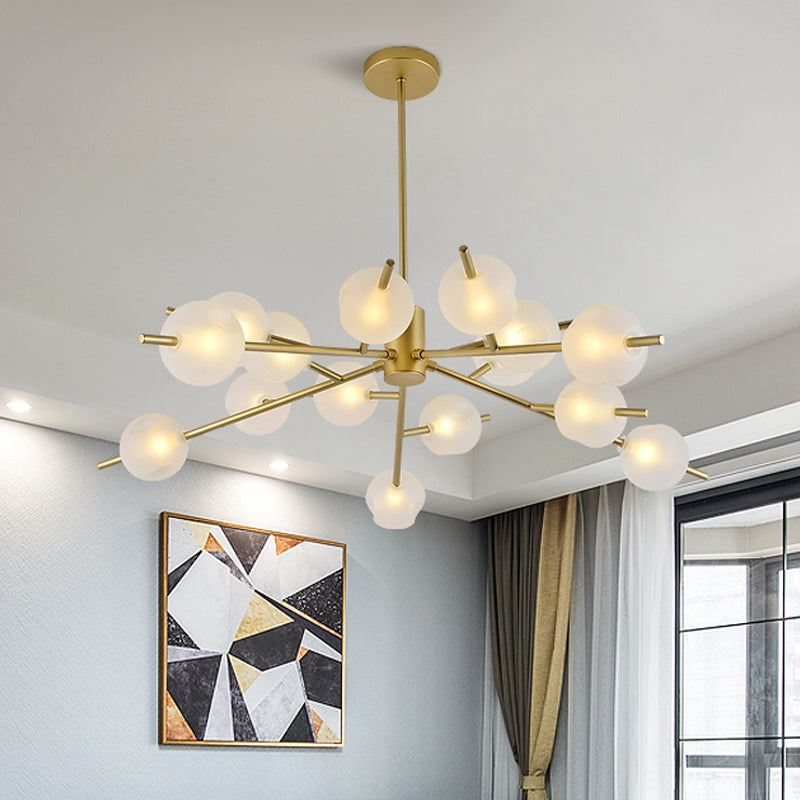 Contemporary Branched Pendant Lamp with 15 Metal Bulbs, Black/Gold Finish and Frosted Glass Shades