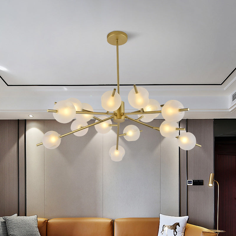 Contemporary Branched Pendant Lamp with 15 Metal Bulbs, Black/Gold Finish and Frosted Glass Shades