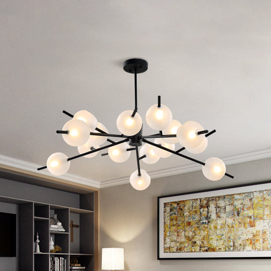 Contemporary Branched Pendant Lamp with 15 Metal Bulbs, Black/Gold Finish and Frosted Glass Shades