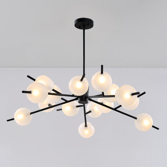 Contemporary Branched Pendant Lamp with 15 Metal Bulbs, Black/Gold Finish and Frosted Glass Shades