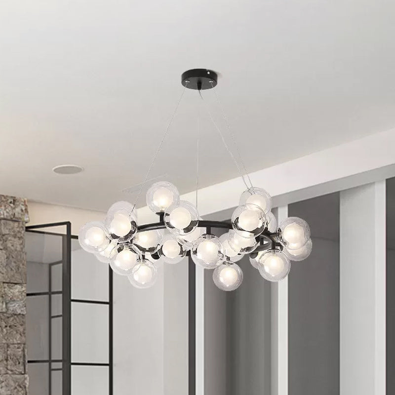 Modern Black Bubbled Wreath Chandelier with Clear and Frosted Glass Shades - 15/25 Bulbs Hanging Ceiling Light