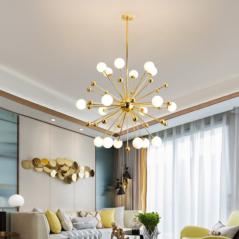 Modern Stylish Burst Ball Chandelier – Frosted White Glass Ceiling Hang Lamp (Gold, Living Room Lighting)