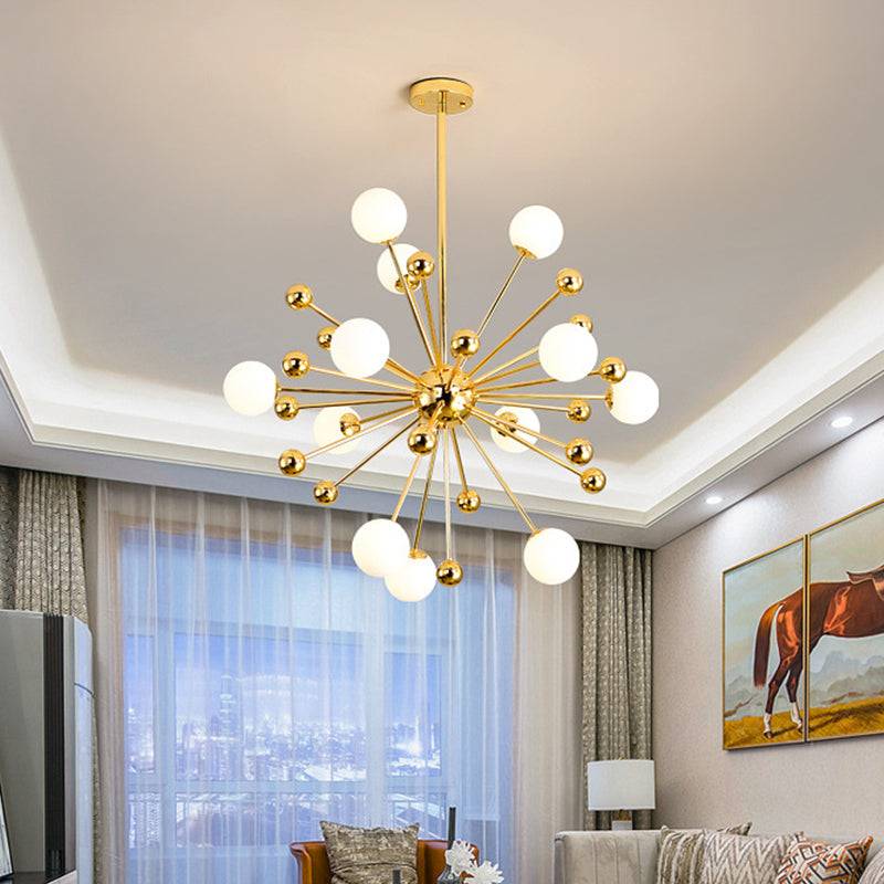 Modern Stylish Burst Ball Chandelier – Frosted White Glass Ceiling Hang Lamp (Gold, Living Room Lighting)