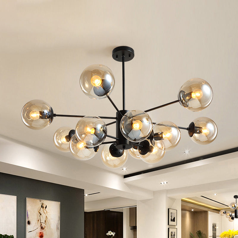 Contemporary Black Chandelier With 12 Lights Hanging Light For Living Room Amber/Blue/Clear Glass