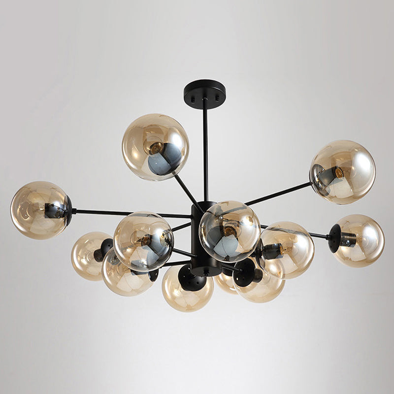 Contemporary Black Chandelier With 12 Lights Hanging Light For Living Room Amber/Blue/Clear Glass